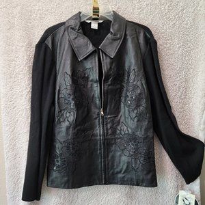 Nygard - Beautiful Black Leather/ Sweater Jacket with Floral Sequin Decoration